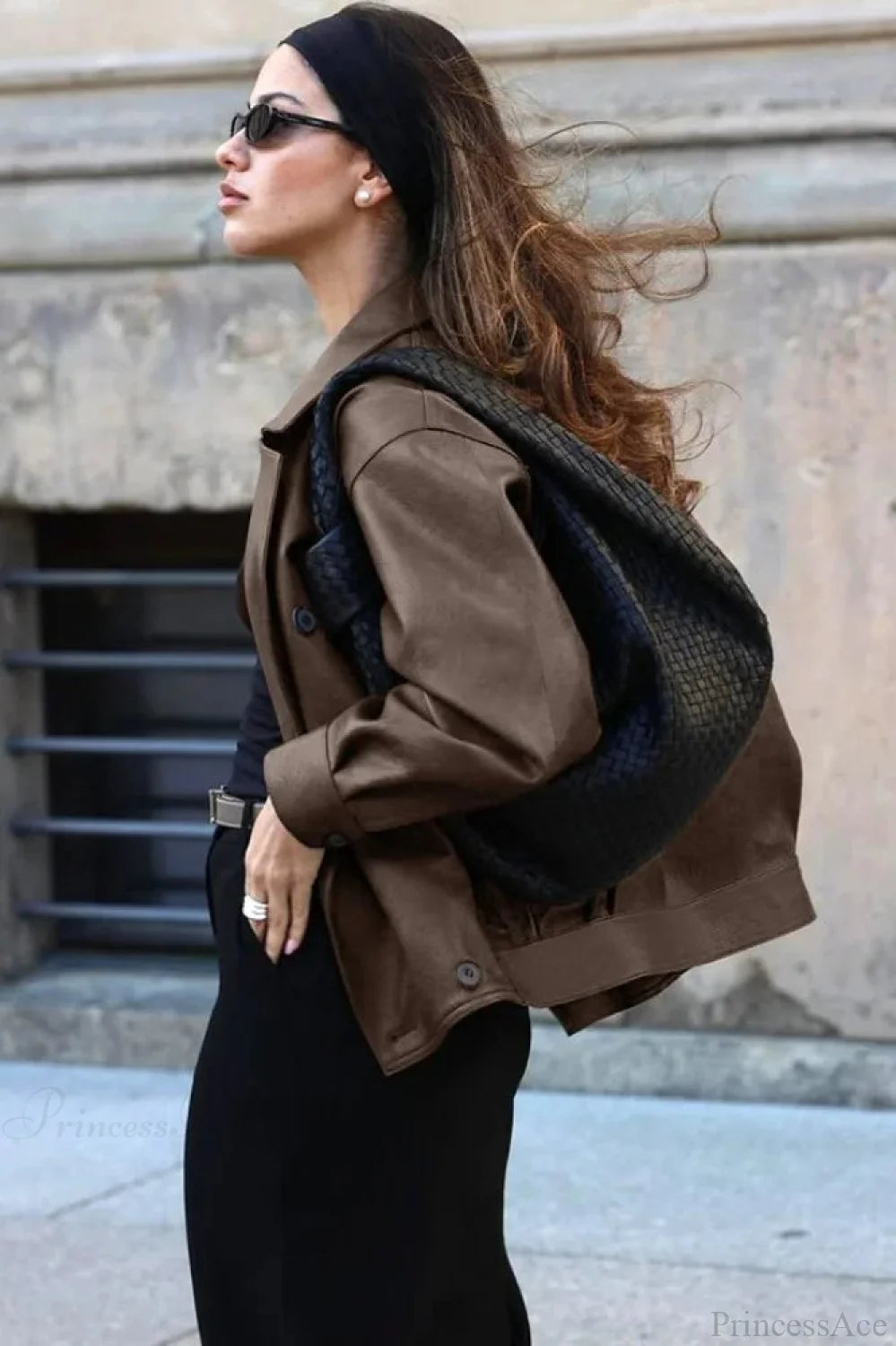 Double Breasted Black Lapel Leather Coat