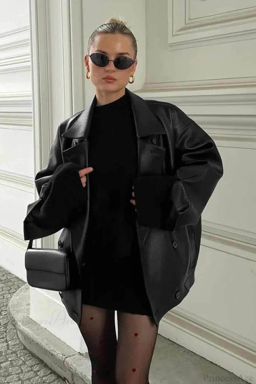 Double Breasted Black Lapel Leather Coat