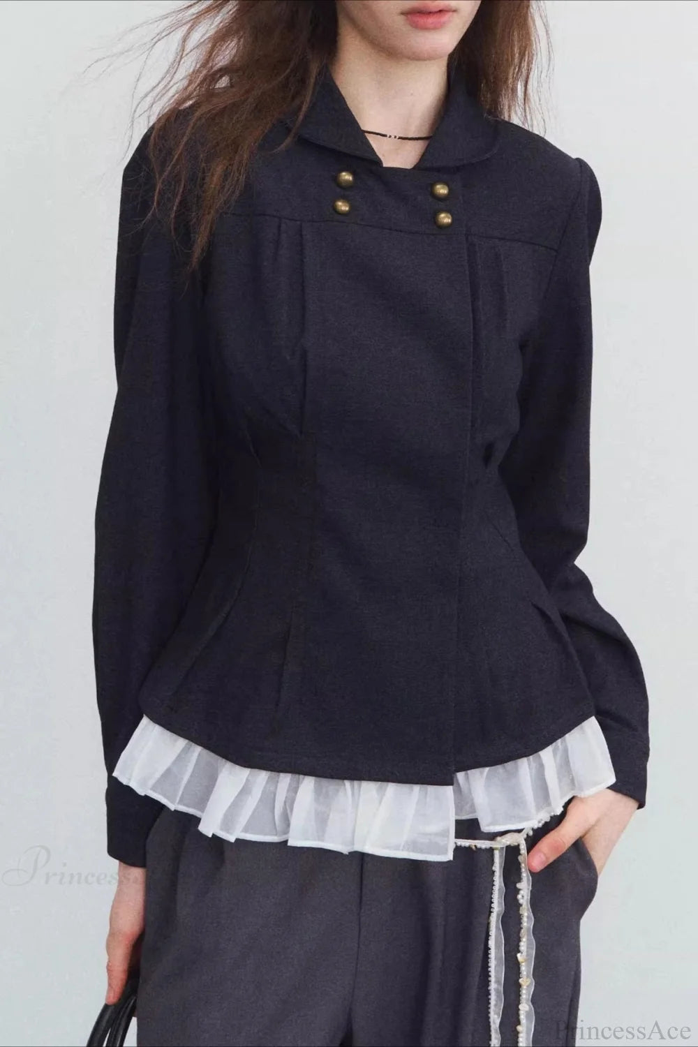 Double-breasted Denim Pleated Slim Jacket Dark navy blue / S
