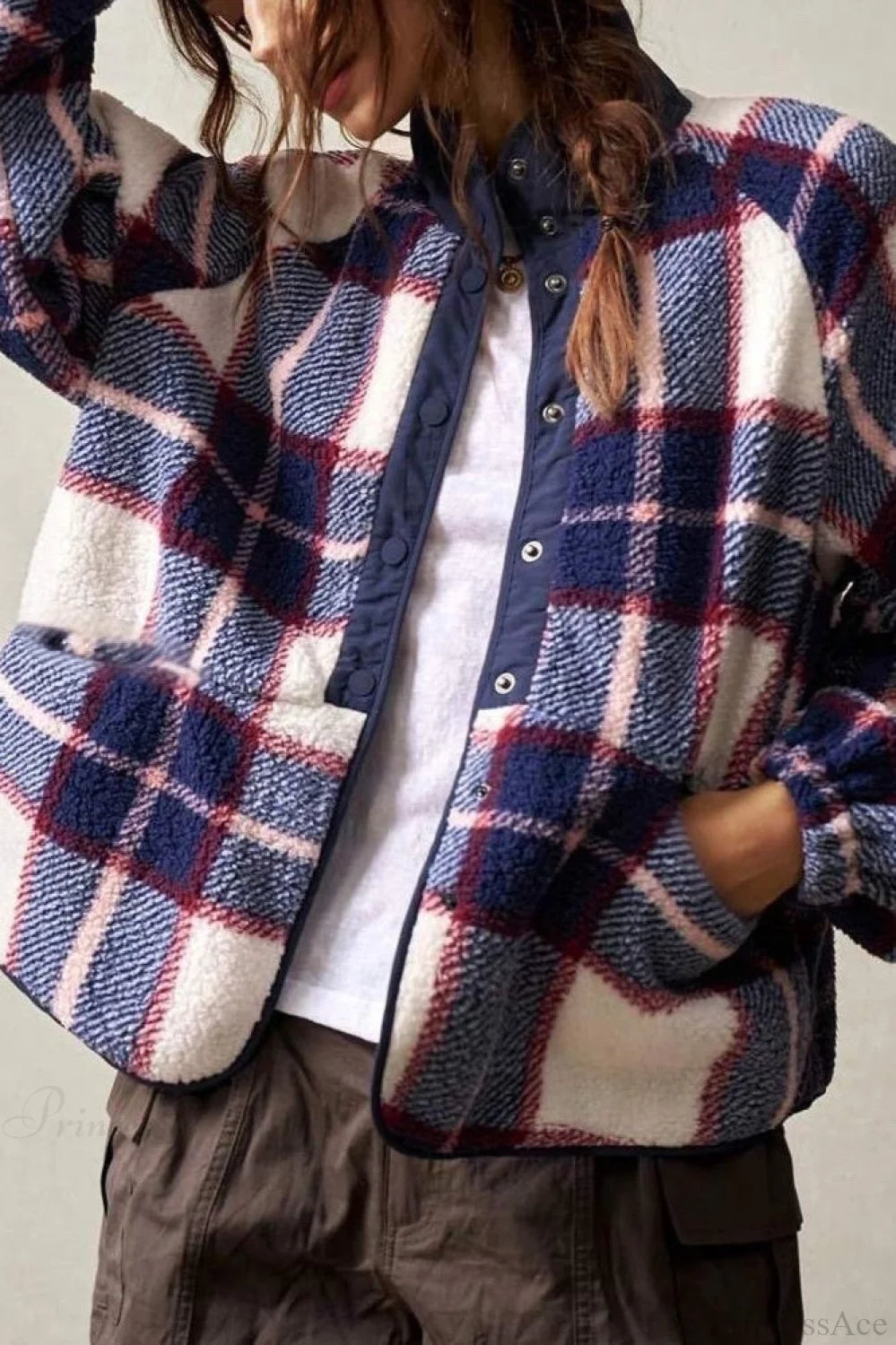 Double-Fleece Plaid Wool Long Sleeve Jacket