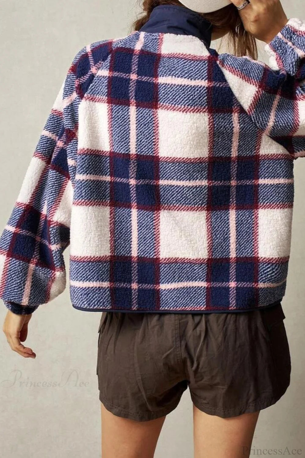 Double-Fleece Plaid Wool Long Sleeve Jacket