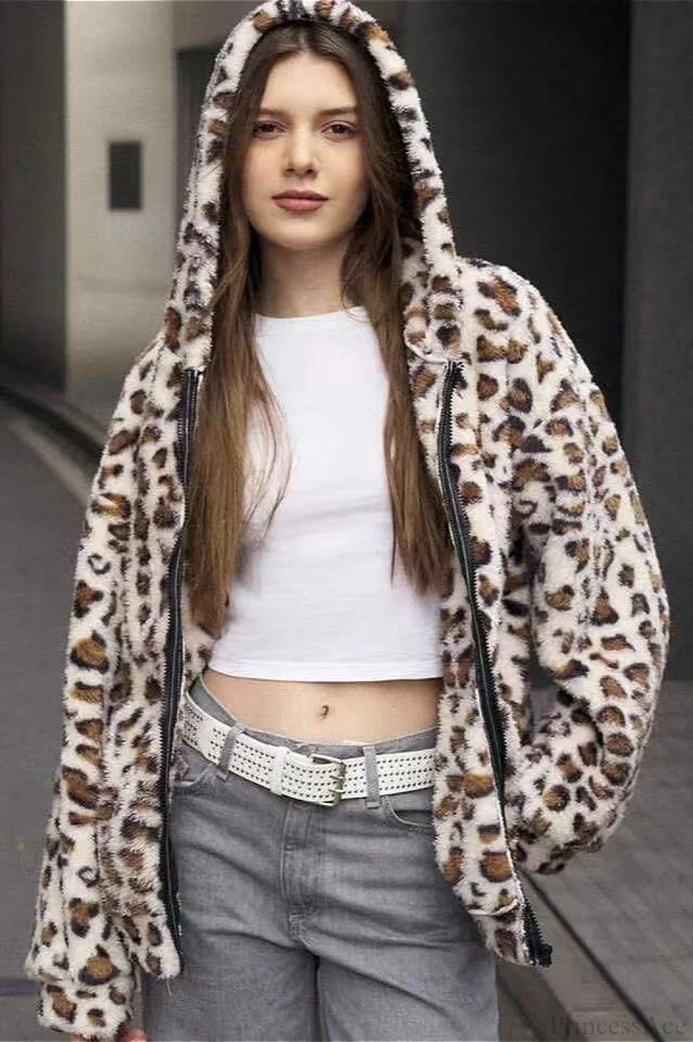 Double Fleece Printed Zipper Hooded Cardigan Hoodie Brown / S