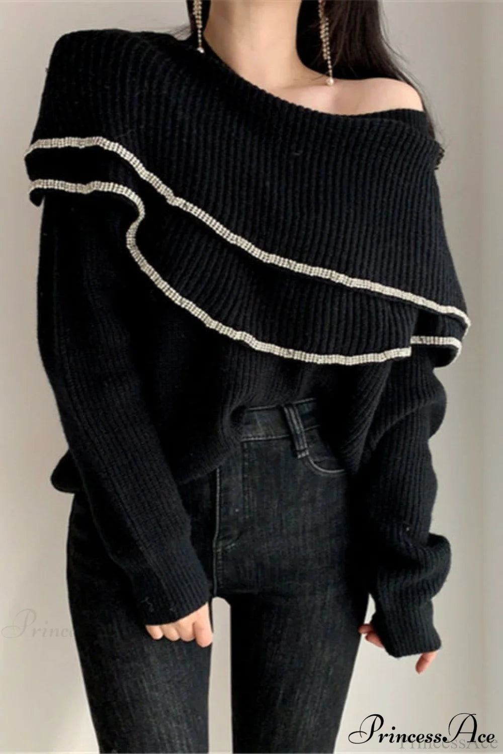 Double Ruffled Off-Shoulder French Vintage Knit Top