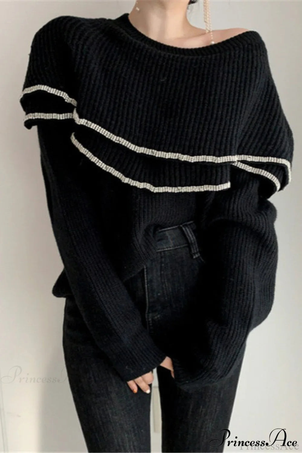 Double Ruffled Off-Shoulder French Vintage Knit Top Black / One Size