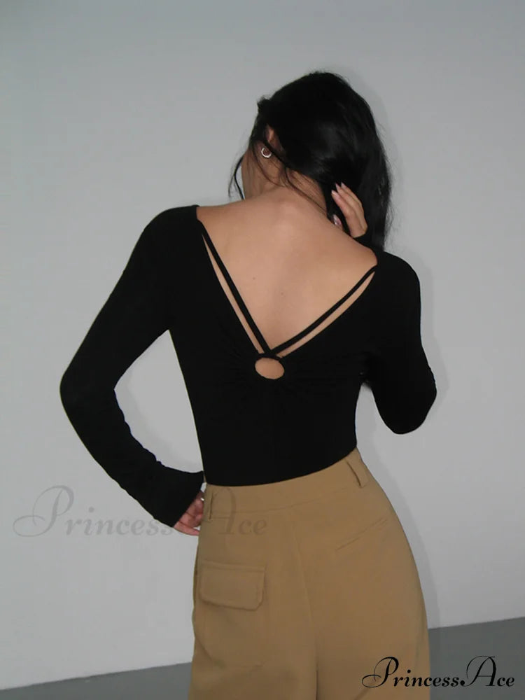 Double Sided Keyhole Trendy Rib Long Sleeve Shirt T-Shirts