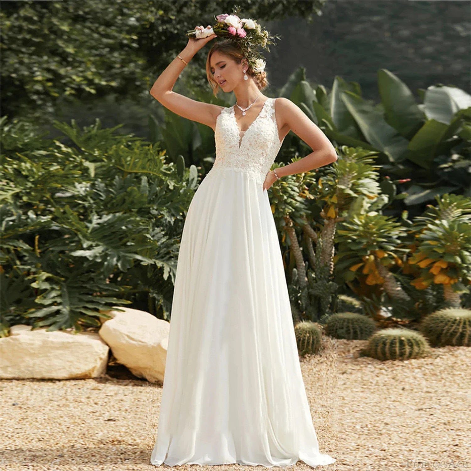 Double Strap Deep V-Neck Lace Wedding Dress lvory white / 2 weddingdress-250223