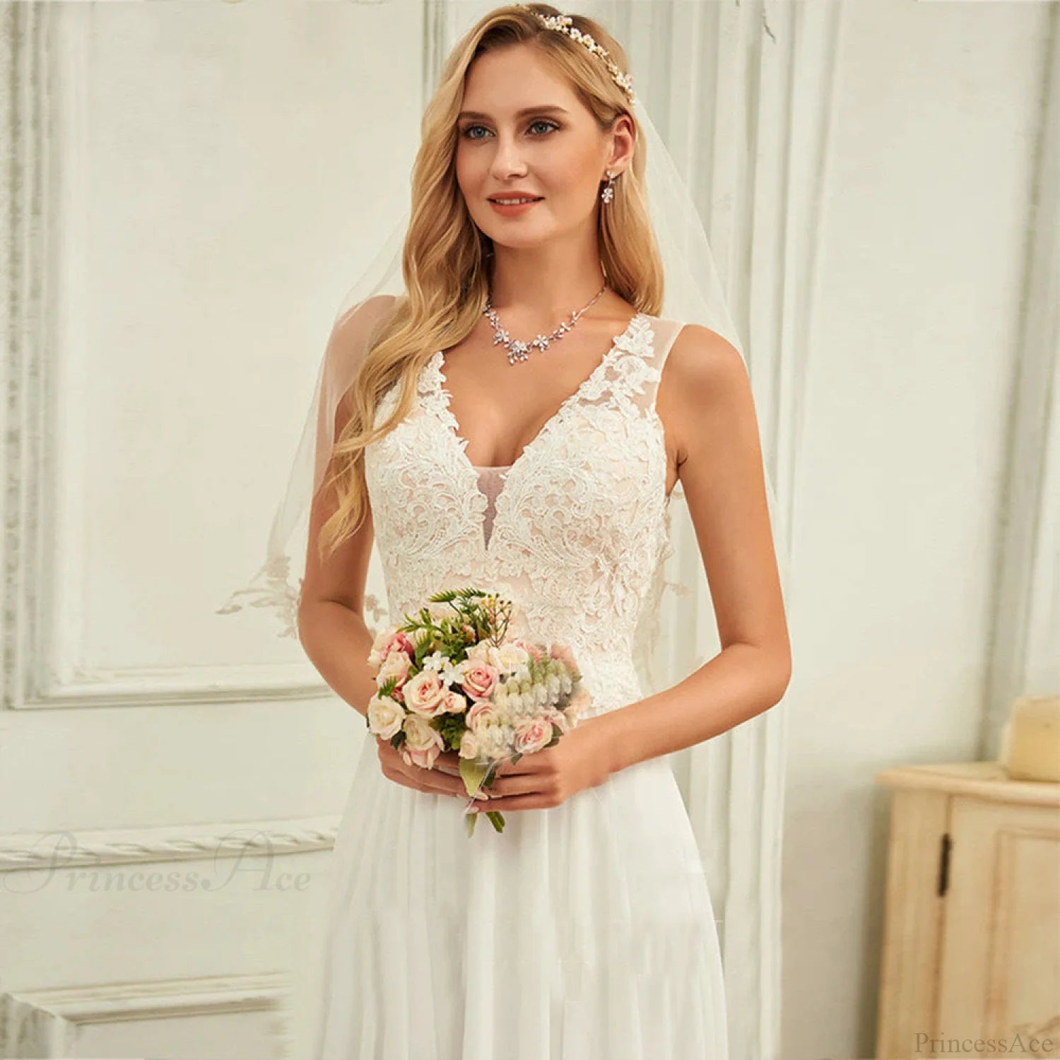 Double Strap Deep V-Neck Lace Wedding Dress weddingdress-250223