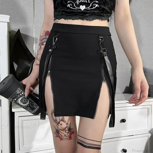 Double Zipper Gothic Hip Skirt black / XS