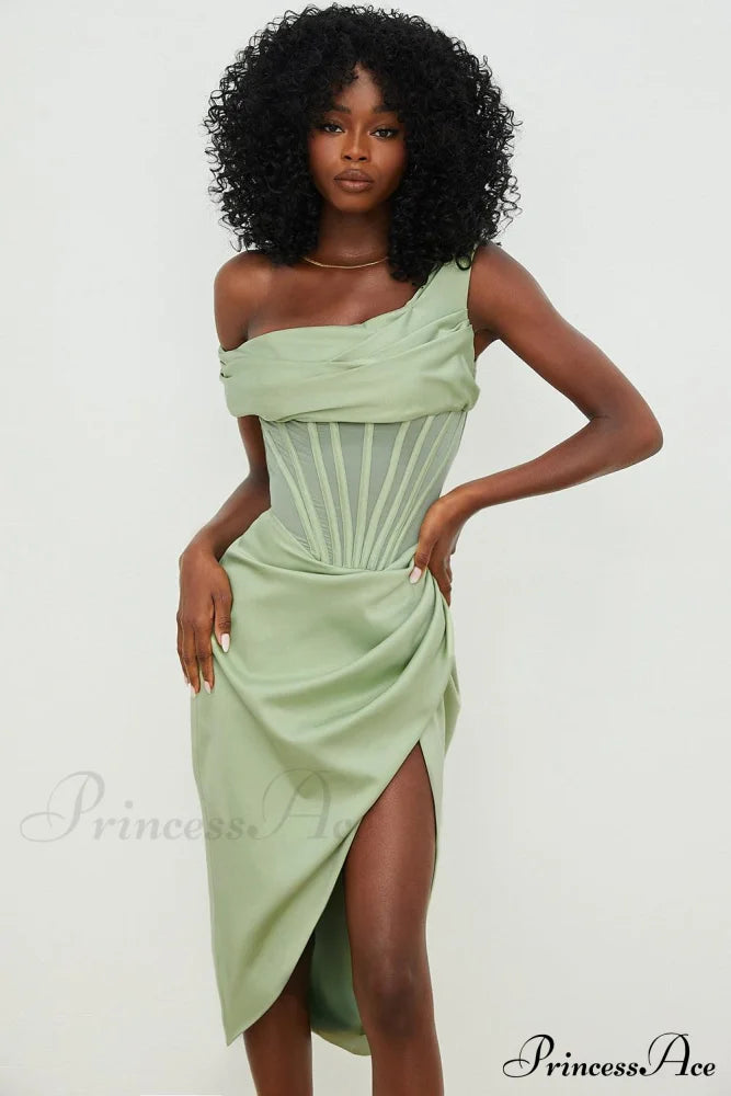 Draped Diva One-Shoulder Charming Corset Bodycon Midi Dress Dresses