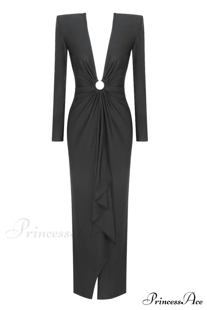 Draped Ring Detailed Deep V Neck Dress | Dress In Beauty