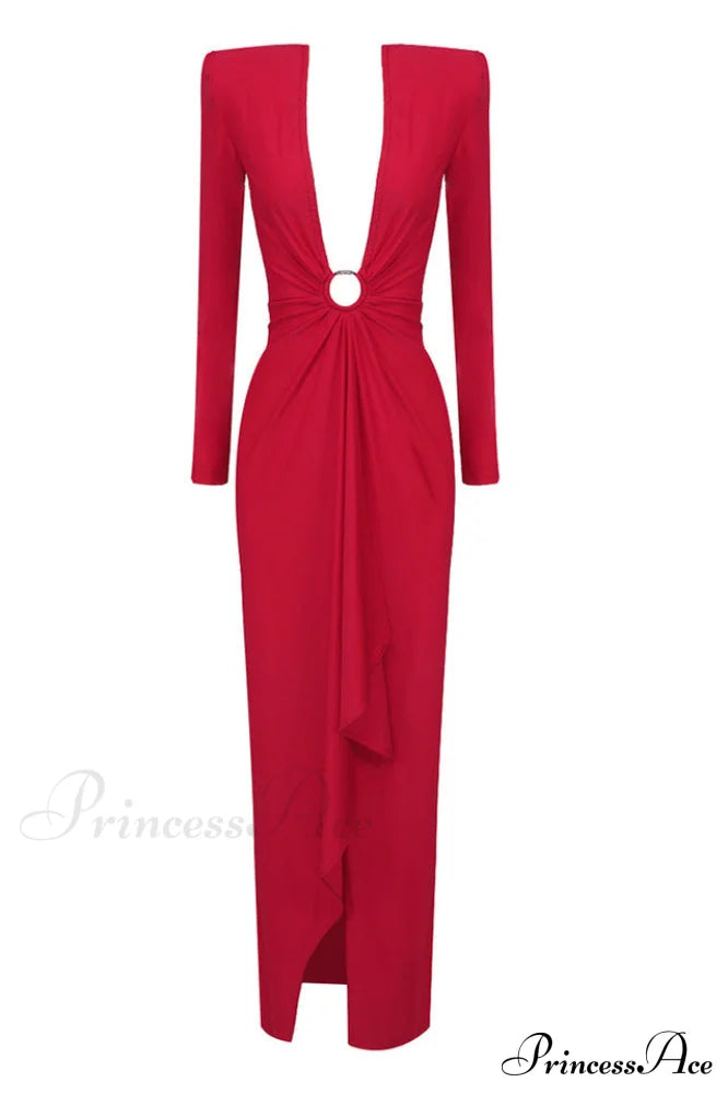 Draped Ring Detailed Deep V Neck Dress | Dress In Beauty