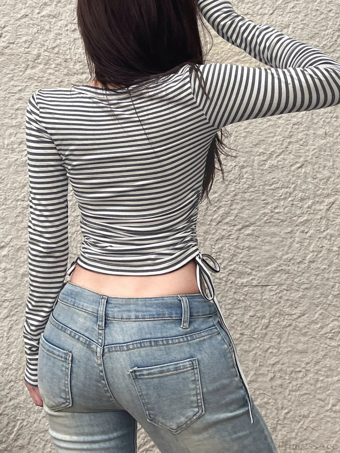 Drawstring Bandage Slim Cropped O-Neck Long Sleeve Knit Top knittop-250126