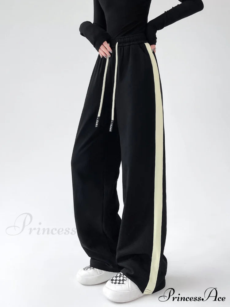 Drawstring Contrast Trim Trendy Wide Leg Sweatpants