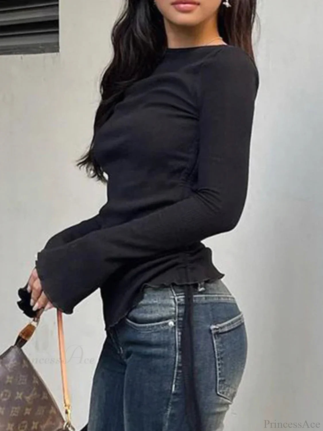 Drawstring Folds Solid Slim O-Neck Long Sleeve Knit Top knittop-250126