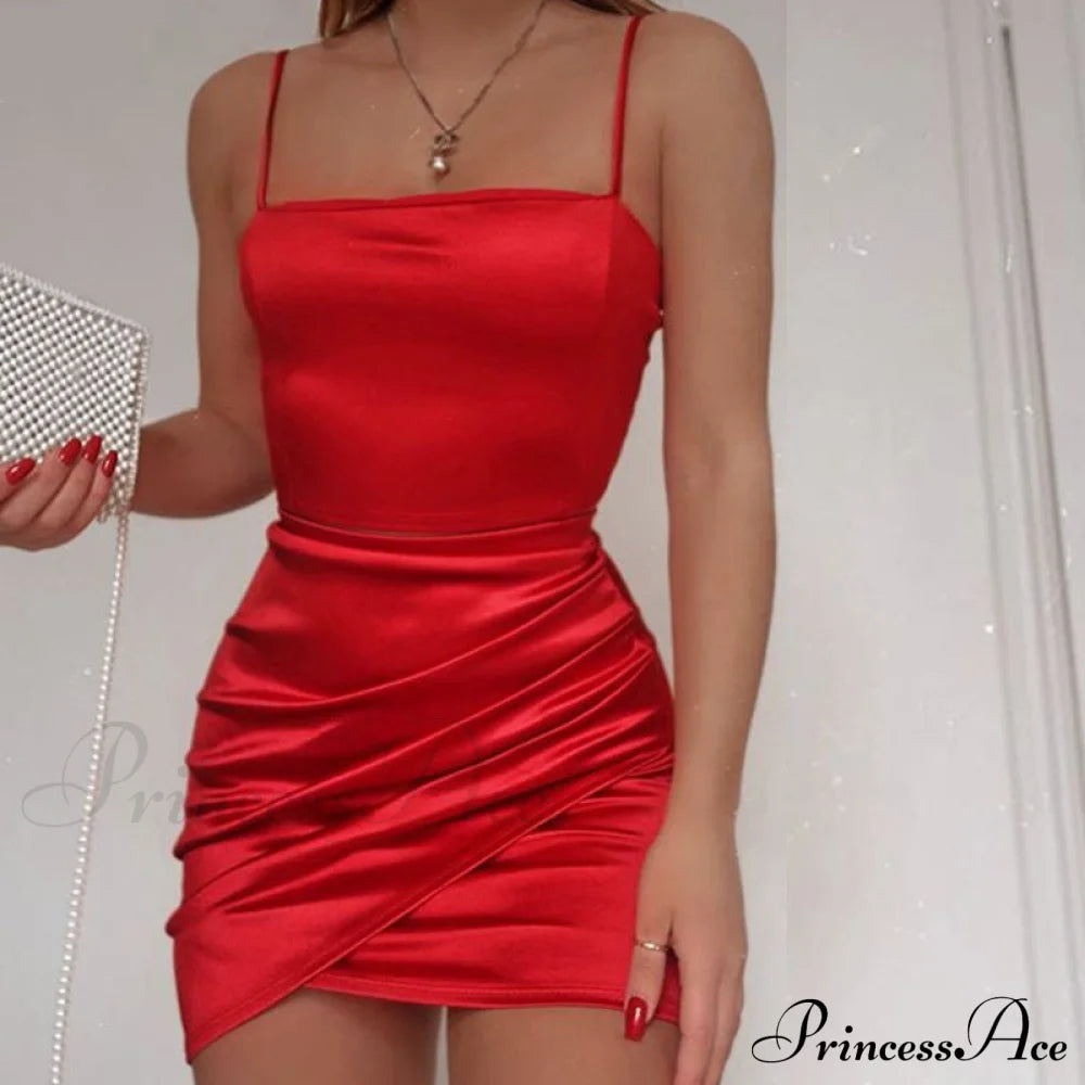 Dreamy In Satin Charming Ruched Mini Dress Red / S Club Dresses