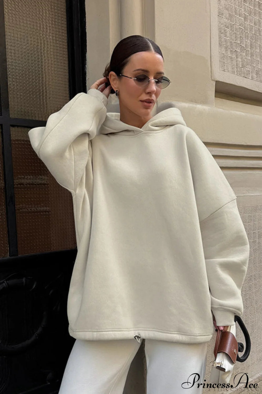 Drop Shoulder Hooded Loose Minimalist Sweatshirt Khaki / S