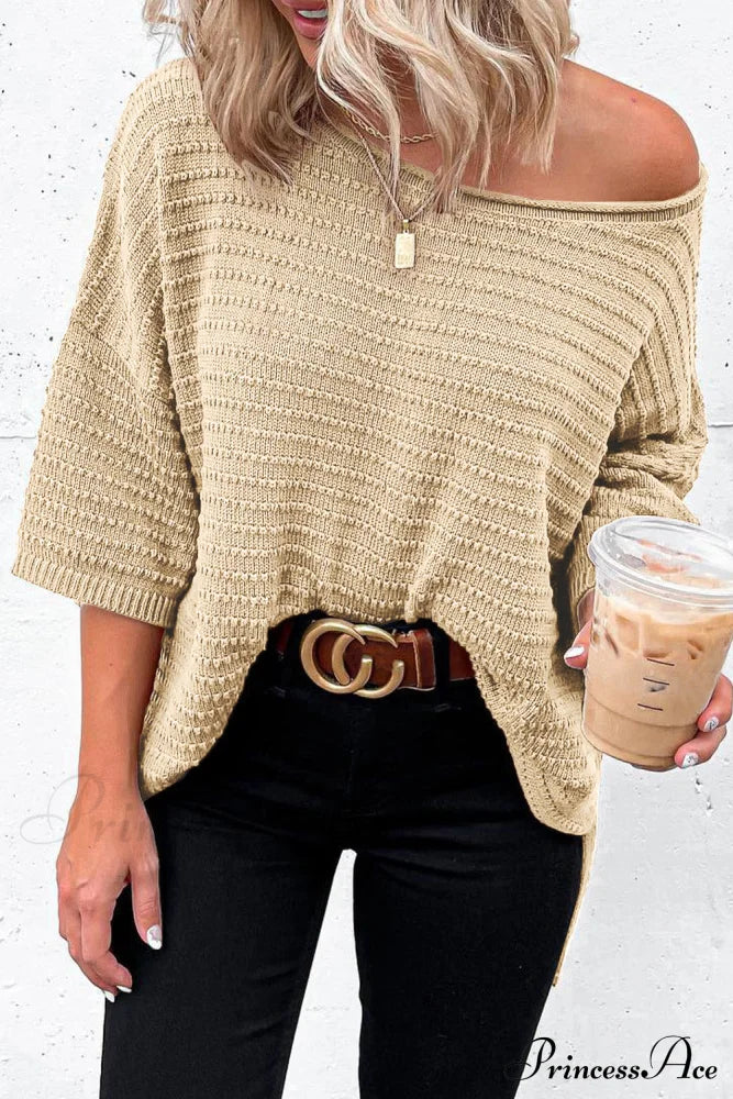 Drop Textured Knit Shoulder Tee - Apricot Tops