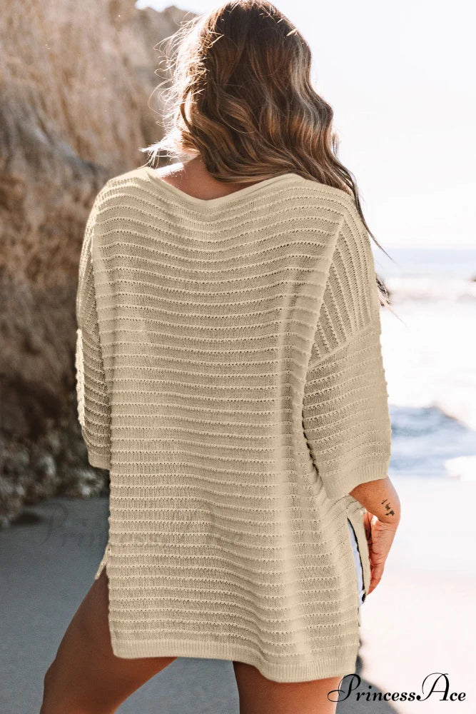 Drop Textured Knit Shoulder Tee - Apricot Tops