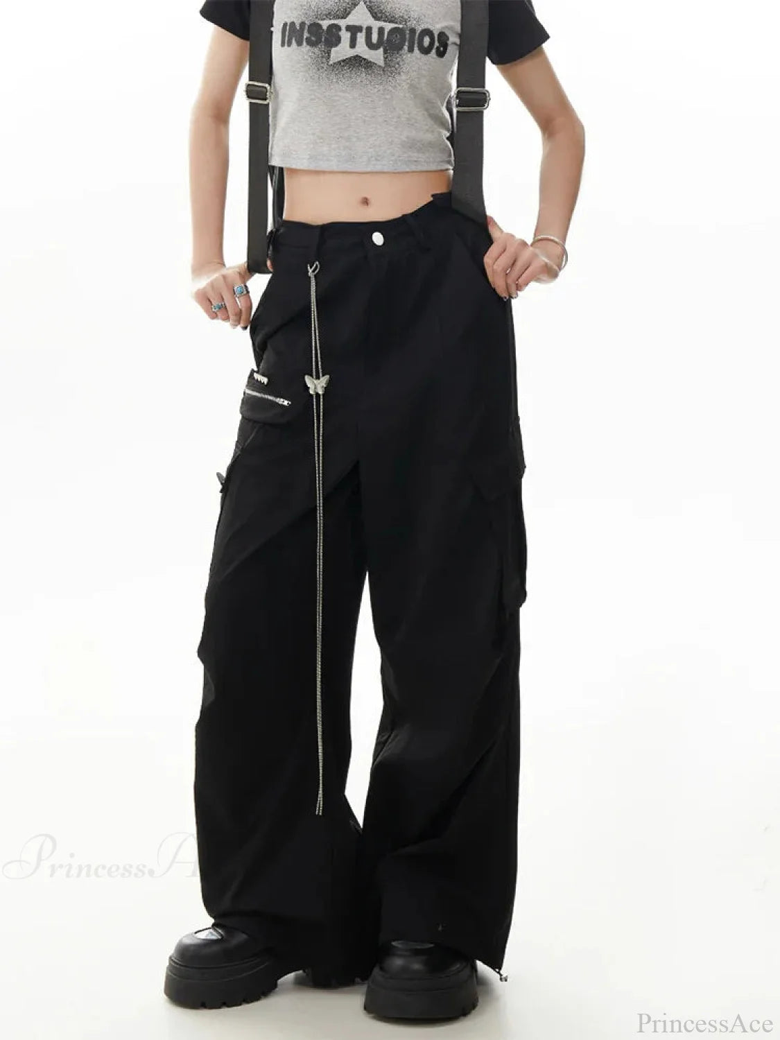 Dull Gothic Y2K Cargo Parachute Pant Black / S