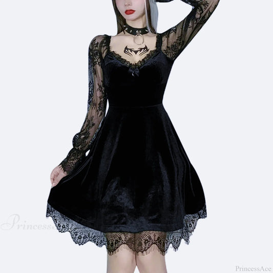 Durable Lace Plunging Neckline Mini Dress Black / S