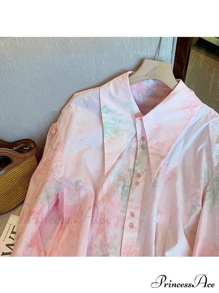 Dye Loose Korean Arm Spring Blouse 2024 Single Women’s Fashion Female Long With Tie Casual