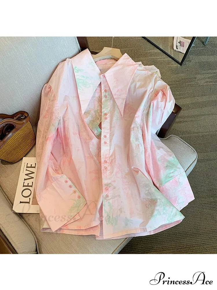 Dye Loose Korean Arm Spring Blouse 2024 Single Women’s Fashion Female Long With Tie Casual