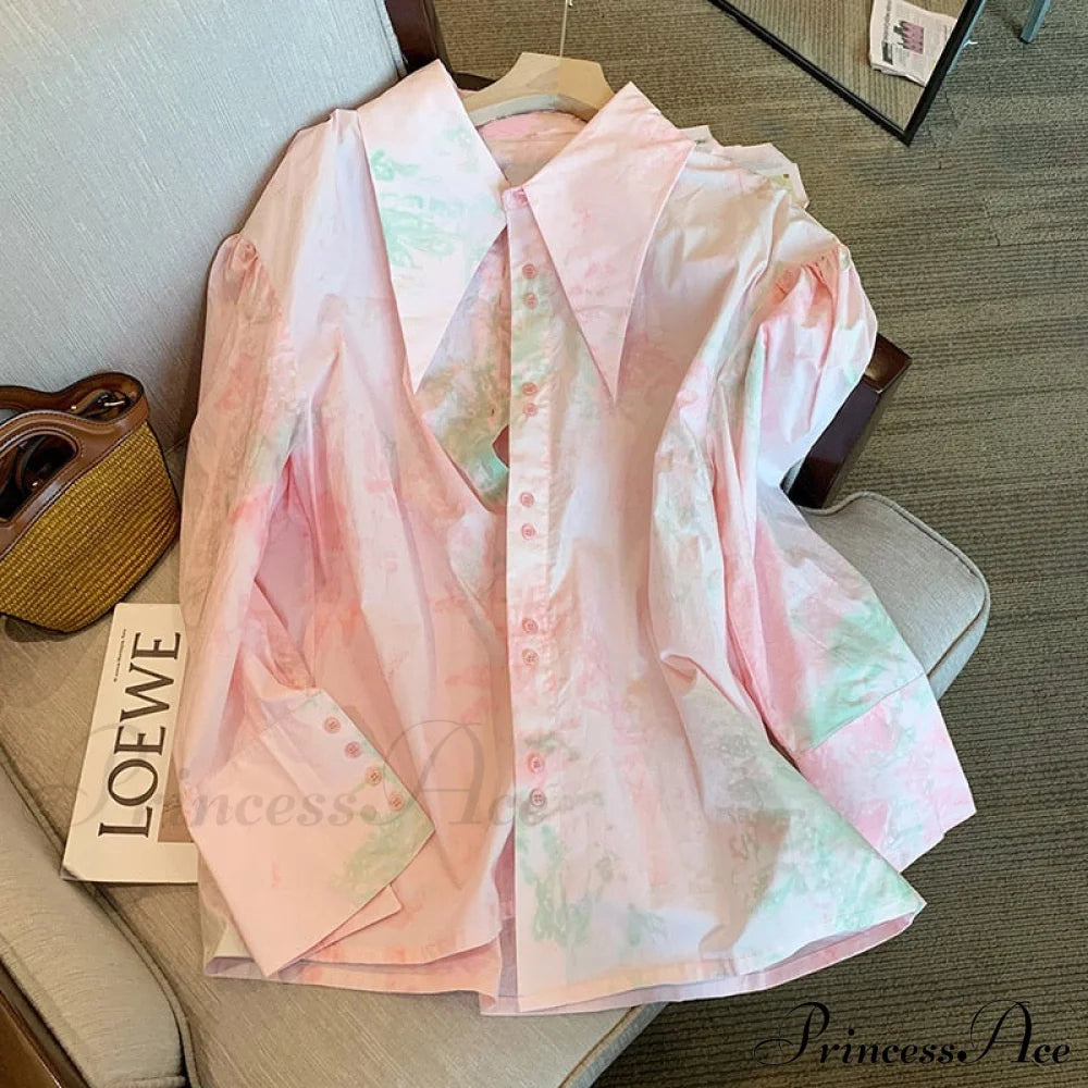 Dye Loose Korean Arm Spring Blouse 2024 Single Women’s Fashion Female Long With Tie Casual