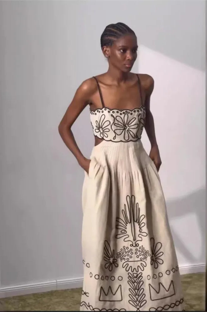 Embroidered Spaghetti Strap Boho Dress