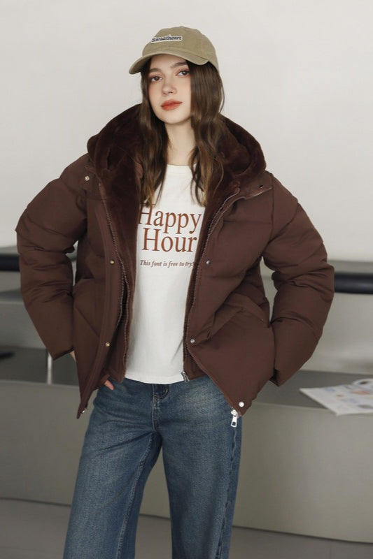 Faux Fur Panel Cropped Puffer Jacket M / Brown