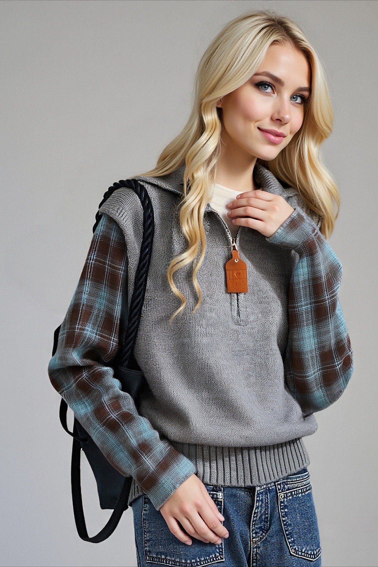 Fake Two Piece Plaid Contrast Half Zip Collared Sweater