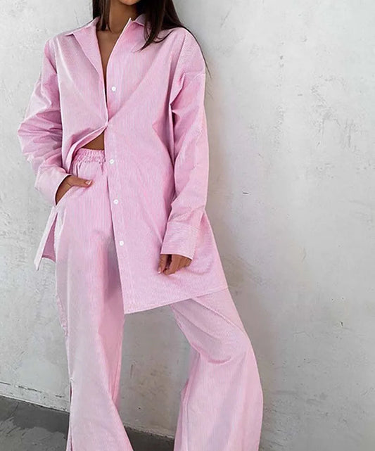 Ensemble deux pièces de bureau avec pantalon droit à revers en coton imprimé bleu