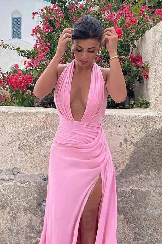U Neck Halter Tie Ruched Slit Maxi Dress