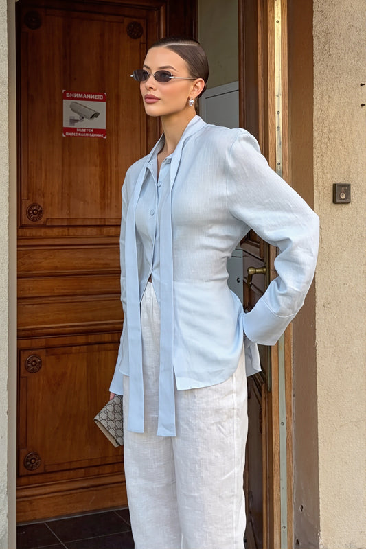 Scarf Tie Collared Button Blouse