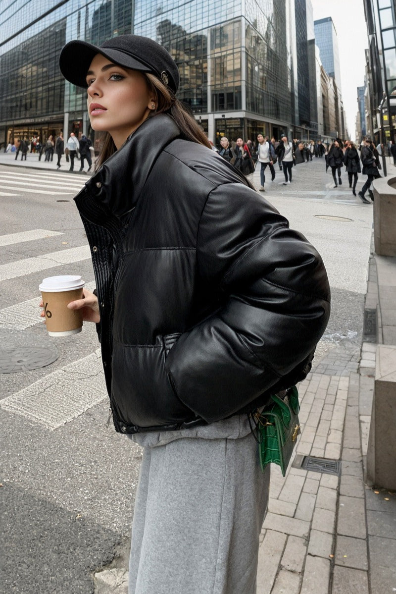 Cropped Faux Leather Insulated Puffer Jacket