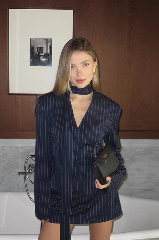 V Neck Striped Fitted Blazer Skirt Two Piece Set
