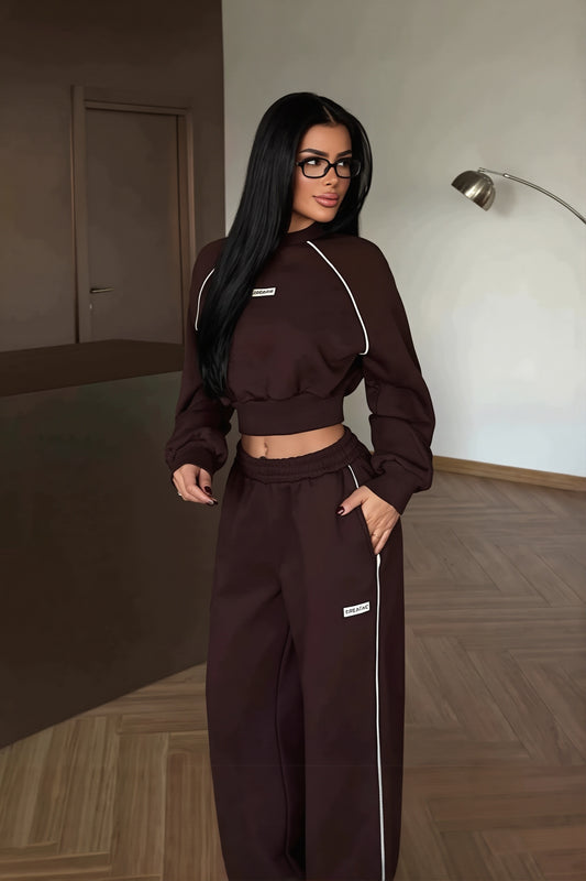 Contrast Trim Cropped Sweatshirt Pants Set