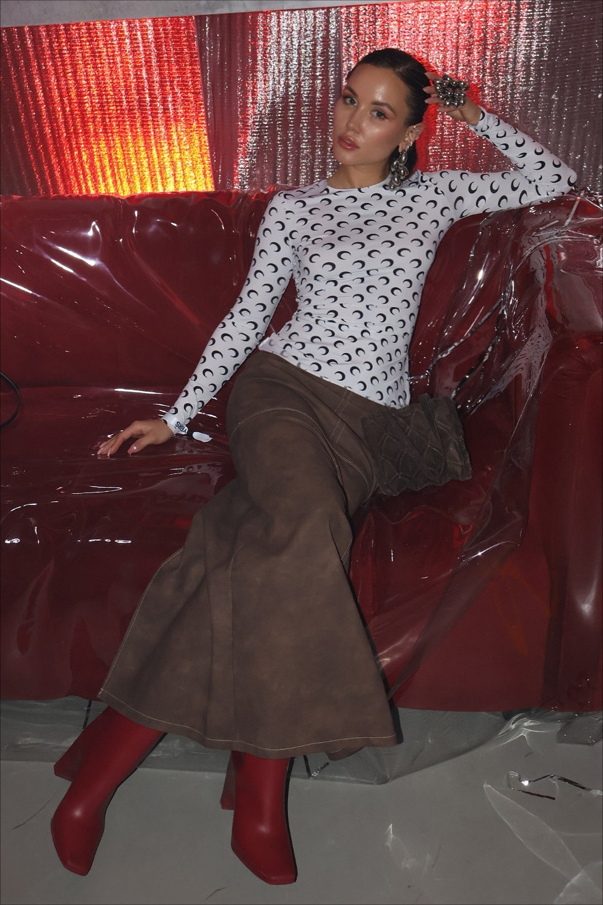 Slim Moon Print Crew Neck Long Sleeve Tee