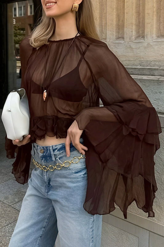 Loose Fit Ruffled Chiffon Round Neck Blouse