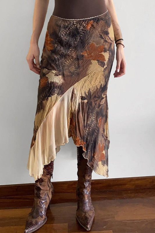 Jupe mi-longue sirène asymétrique à contraste floral