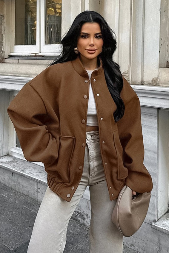 Maillard Brown Thickened Mid-Length Stand-Collar Woolen Jacket Brown / S