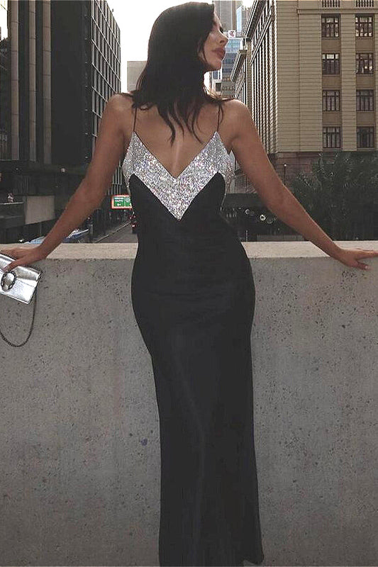 Deep V Rhinestone Collar Bandage Spaghetti Strap Maxi Party Dress Black / XS