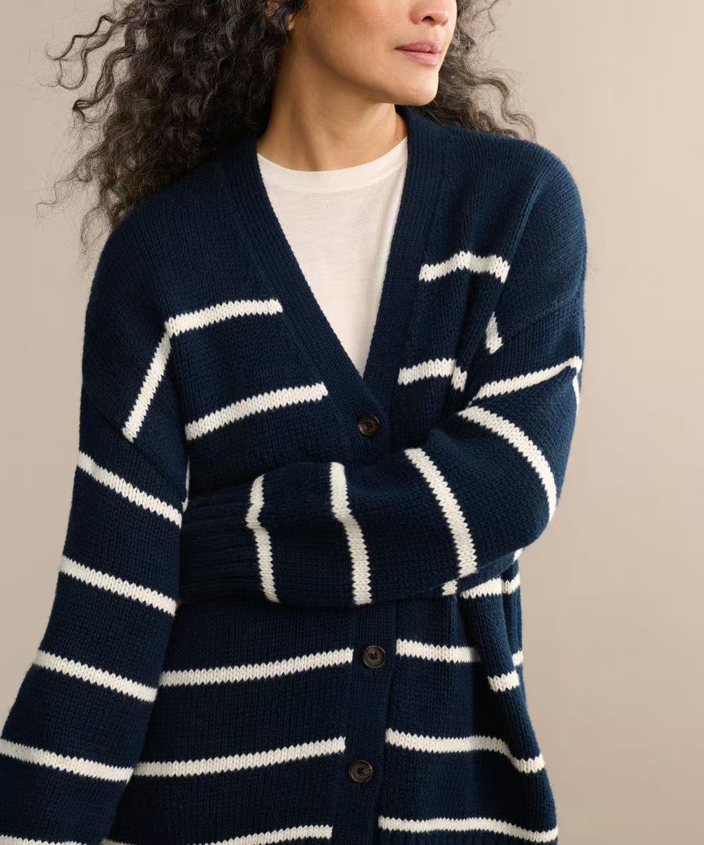 Striped V Neck Knit Cardigan Navy blue / S