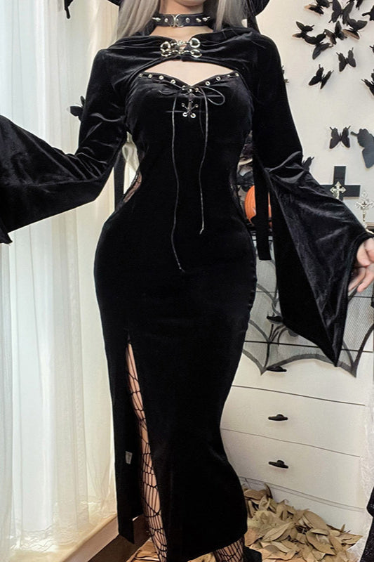 Robe gothique évasée à capuche en toile d'araignée foncée