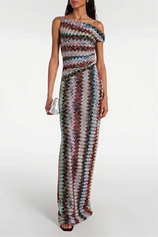 Knit Printed Off Shoulder Bodycon Maxi Dress