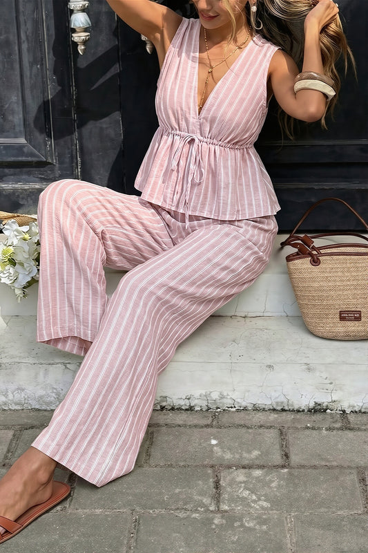 Striped V Neck Pants Vacation Set