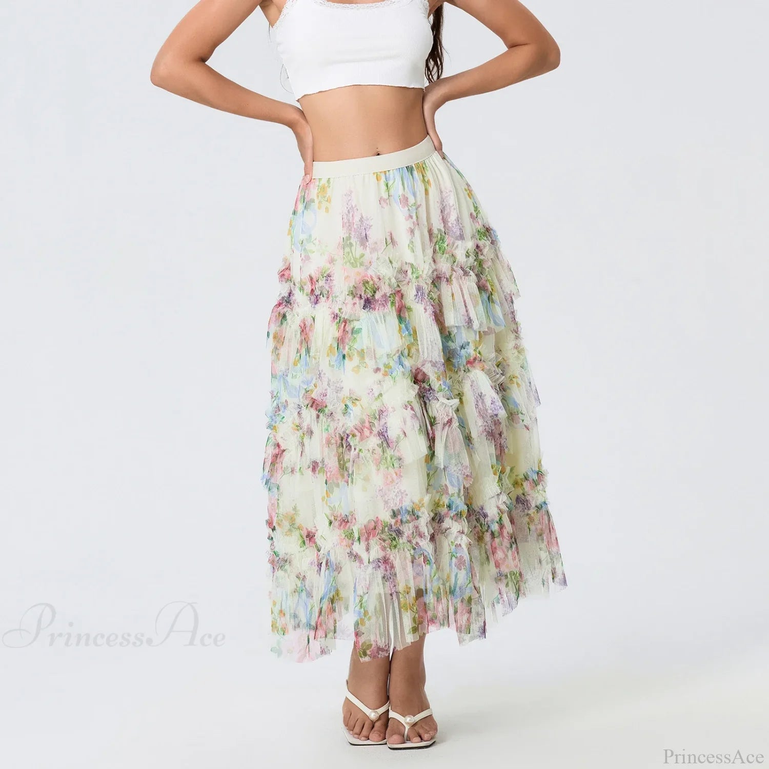 Early Fall Floral Print Ruffle Mesh Skirt Women A-line Midi skirt-250126