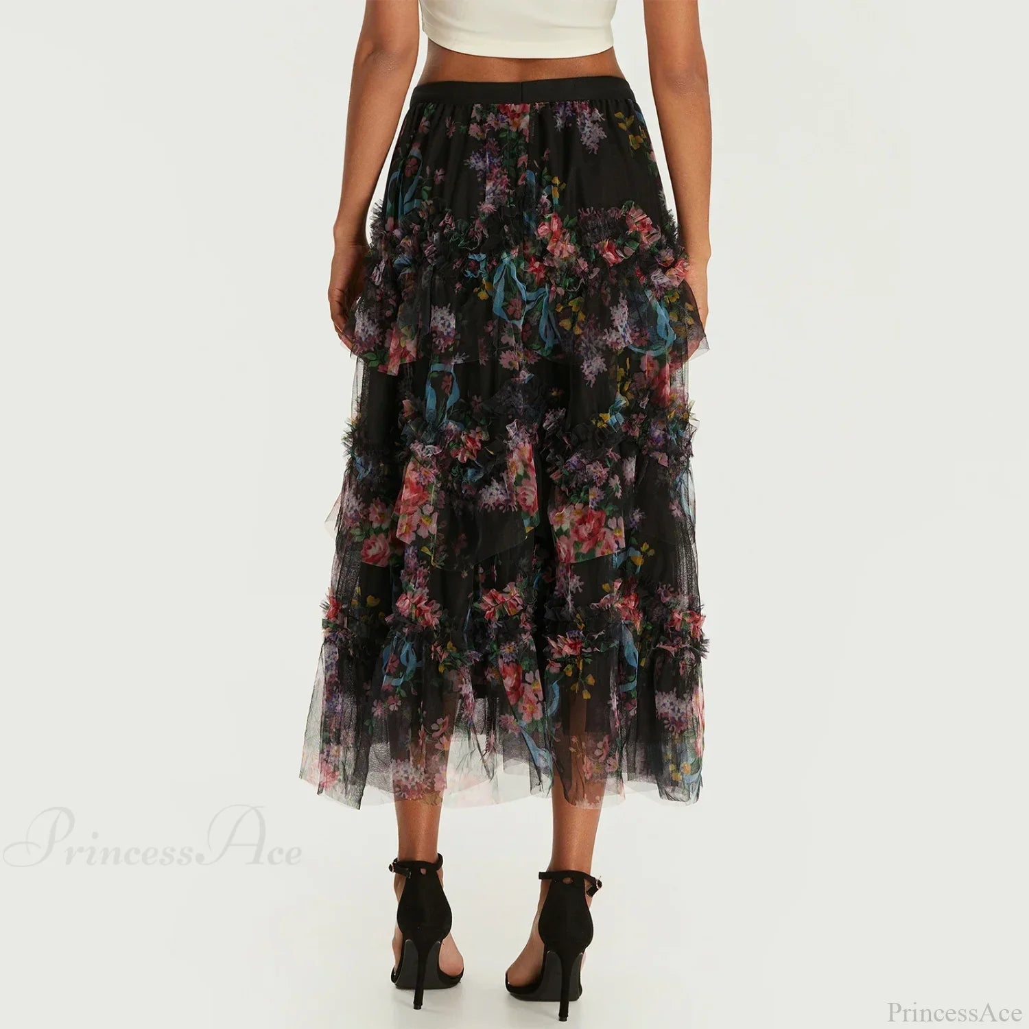 Early Fall Floral Print Ruffle Mesh Skirt Women A-line Midi skirt-250126