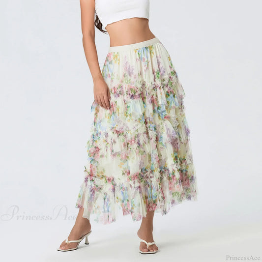 Early Fall Floral Print Ruffle Mesh Skirt Women A-line Midi Beige / S skirt-250126