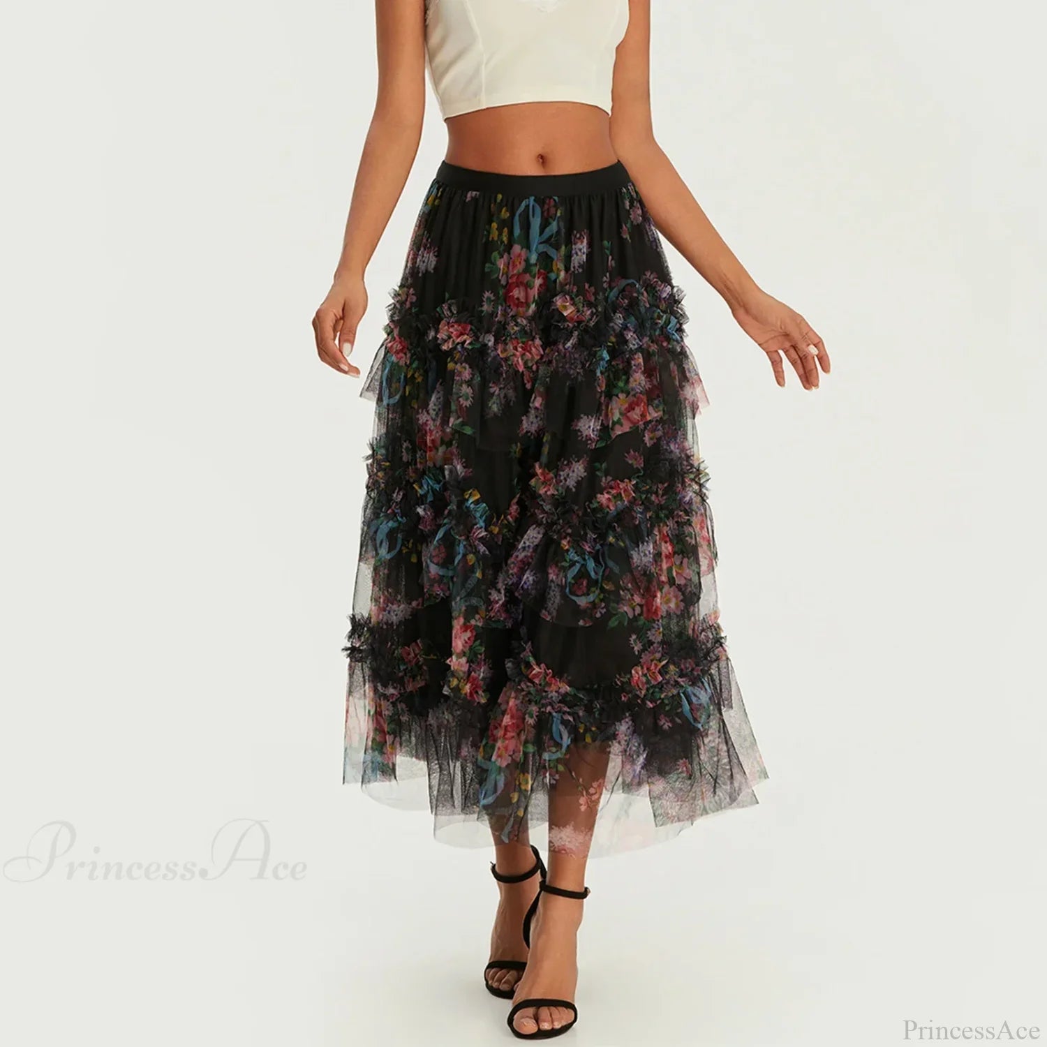 Early Fall Floral Print Ruffle Mesh Skirt Women A-line Midi Black / S skirt-250126