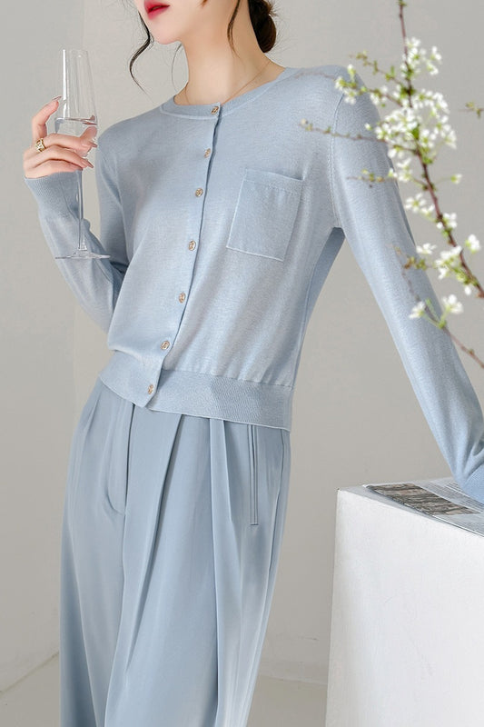 Crew-Neck Single-Row Pocket Knit Cardigan